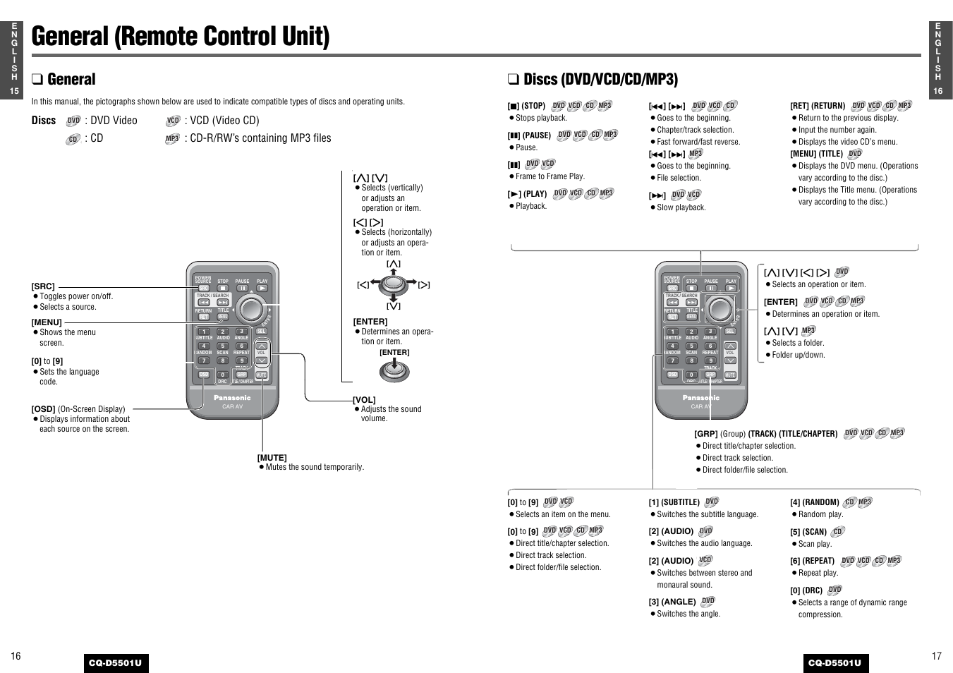General (remote control unit), General, Discs (dvd/vcd/cd/mp3) | Panasonic CQ-D5501U User Manual | Page 9 / 32