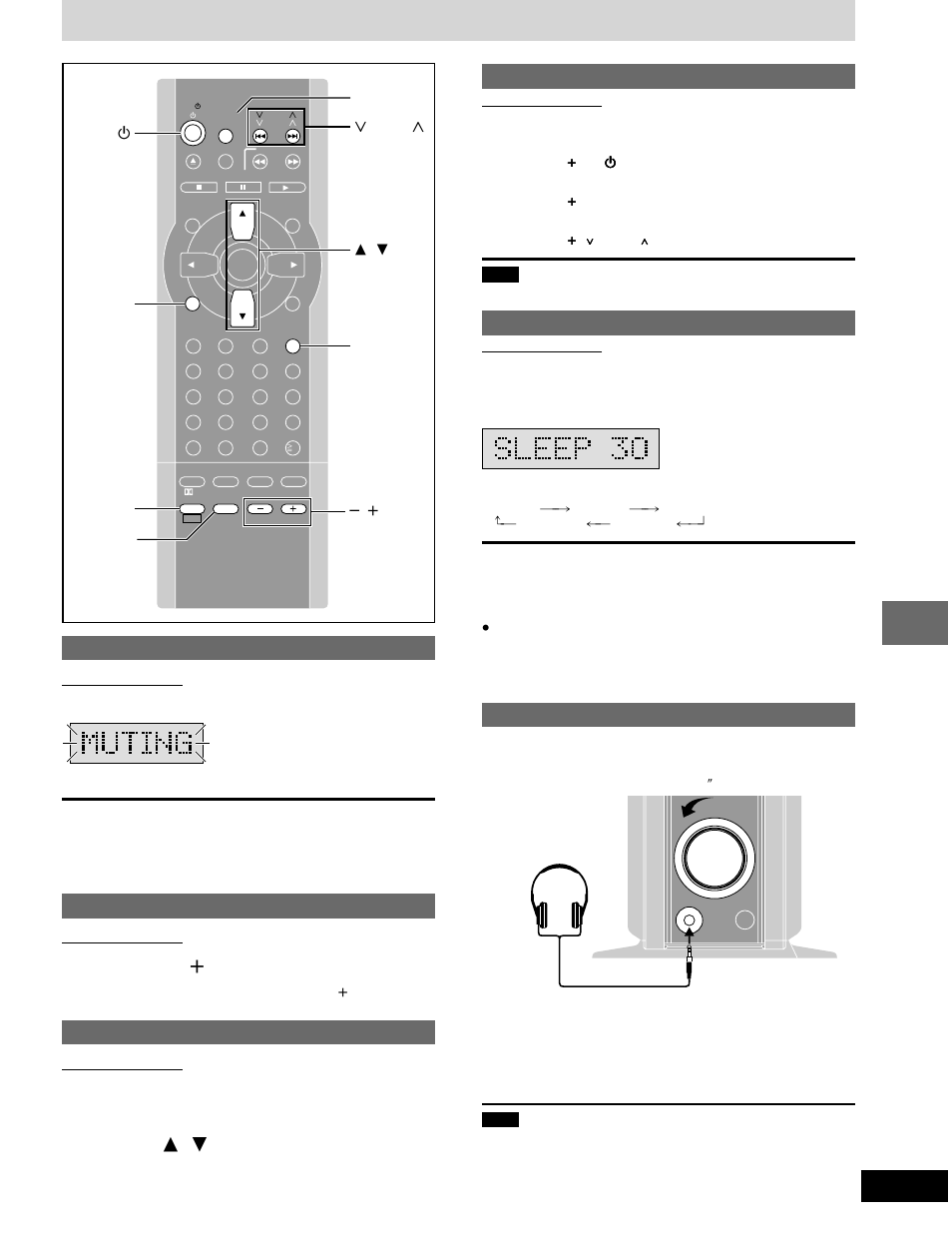 Other functions, Convenient functions, Operating a television | The sleep timer, Press [sleep] to select the time (minutes), Using headphones, Adjust headphone volume with [volume, Muting the volume, Press [muting, Turning the display’s light off | Panasonic SC-DM3  EN User Manual | Page 25 / 36