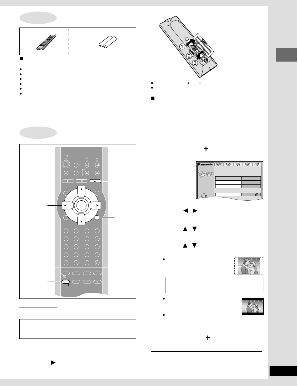 Step 6 the remote control, Step 7 selecting tv screen type, The remote control step | Selecting tv screen type step, Press [ 1 dvd/cd] to turn on the unit, Press [ 2 , 1 ] to select the “video” tab | Panasonic SC-DM3  EN User Manual | Page 9 / 36