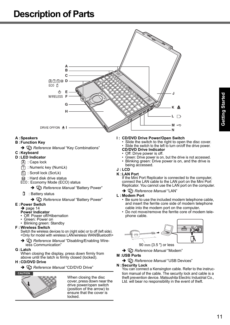 Description of parts, Get ting st arted | Panasonic CF-Y7 User Manual | Page 11 / 44