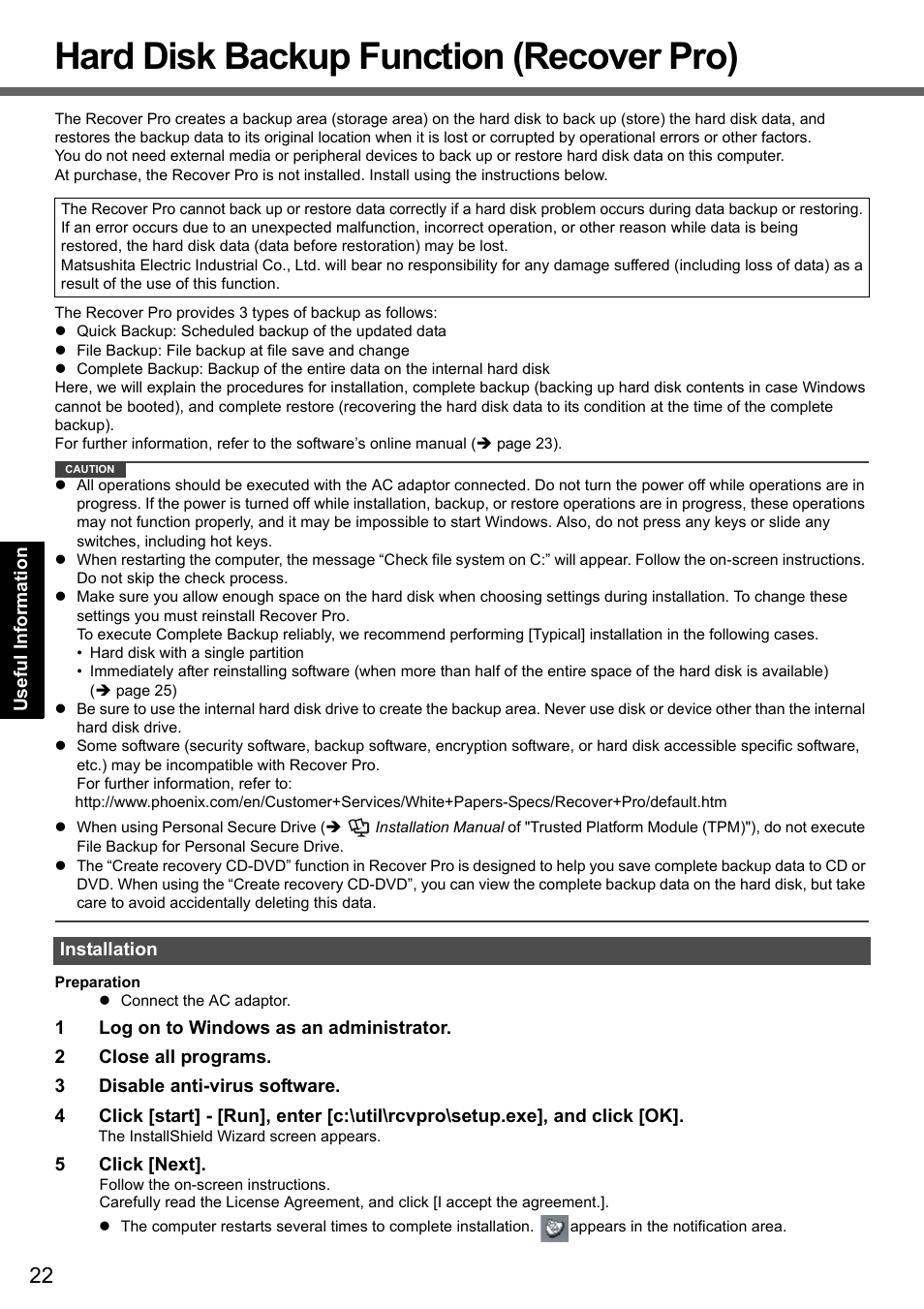 Hard disk backup function (recover pro) | Panasonic CF-Y7 User Manual | Page 22 / 44