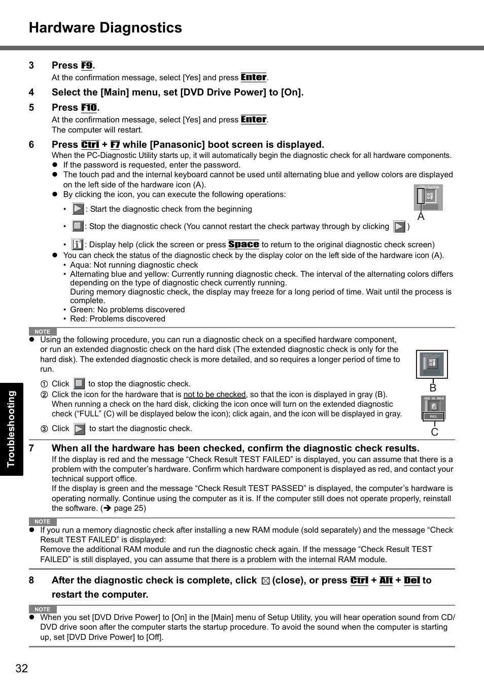 Hardware diagnostics, Ab c | Panasonic CF-Y7 User Manual | Page 32 / 44