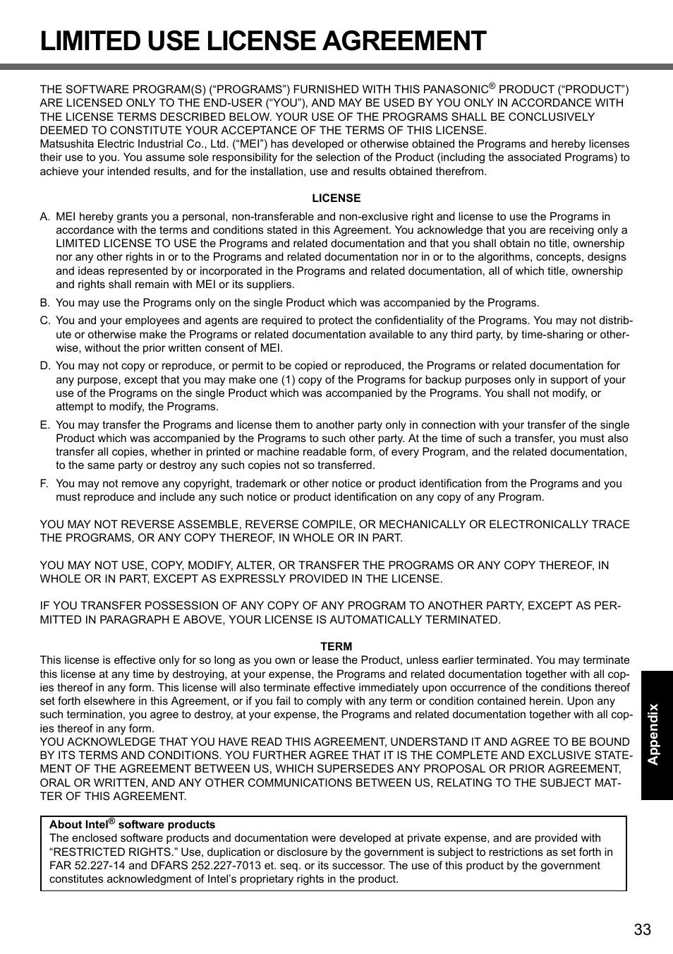 Limited use license agreement | Panasonic CF-Y7 User Manual | Page 33 / 44