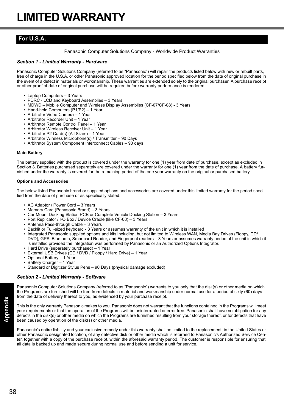 Limited warranty, For u.s.a | Panasonic CF-Y7 User Manual | Page 38 / 44