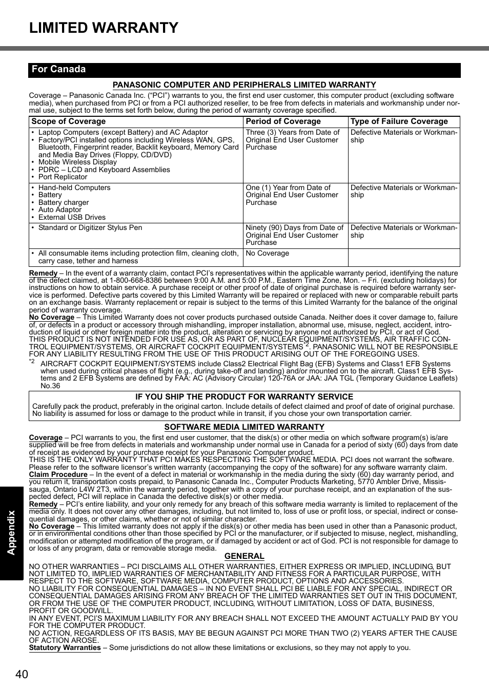 Limited warranty, For canada | Panasonic CF-Y7 User Manual | Page 40 / 44