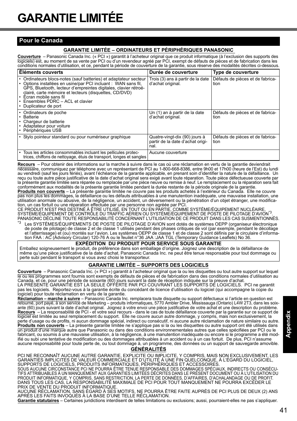 Garantie limitée, Pour le canada | Panasonic CF-Y7 User Manual | Page 41 / 44