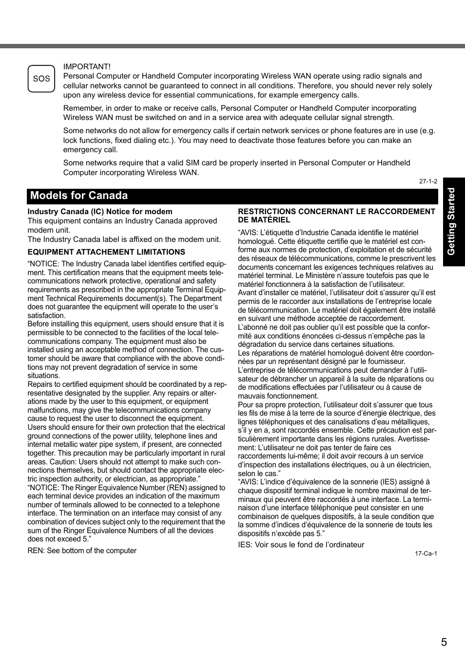 Models for canada | Panasonic CF-Y7 User Manual | Page 5 / 44