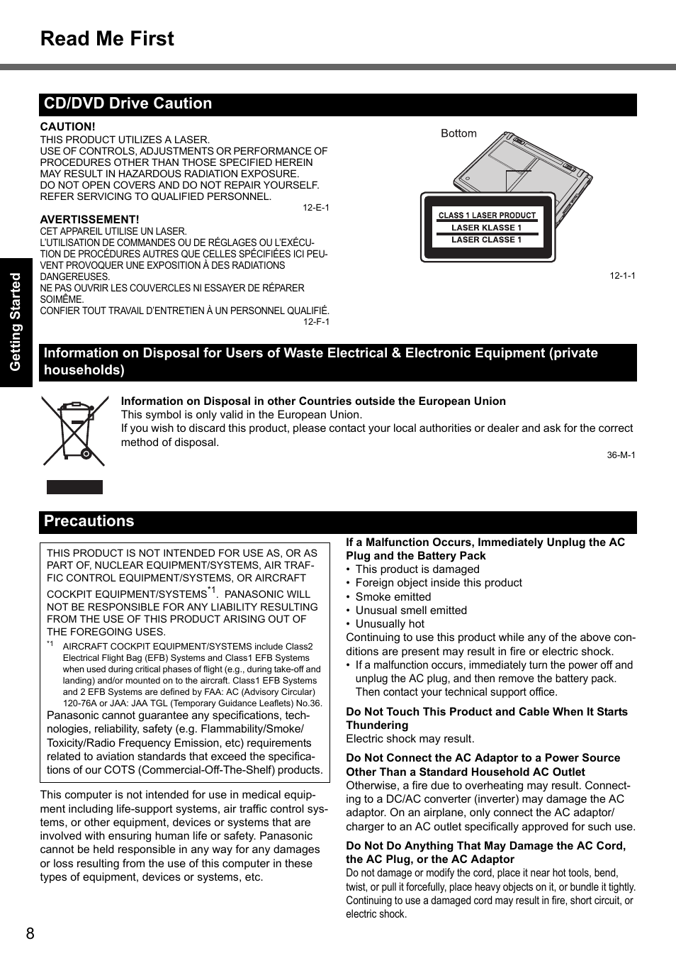 Read me first, Cd/dvd drive caution, Precautions | Panasonic CF-Y7 User Manual | Page 8 / 44