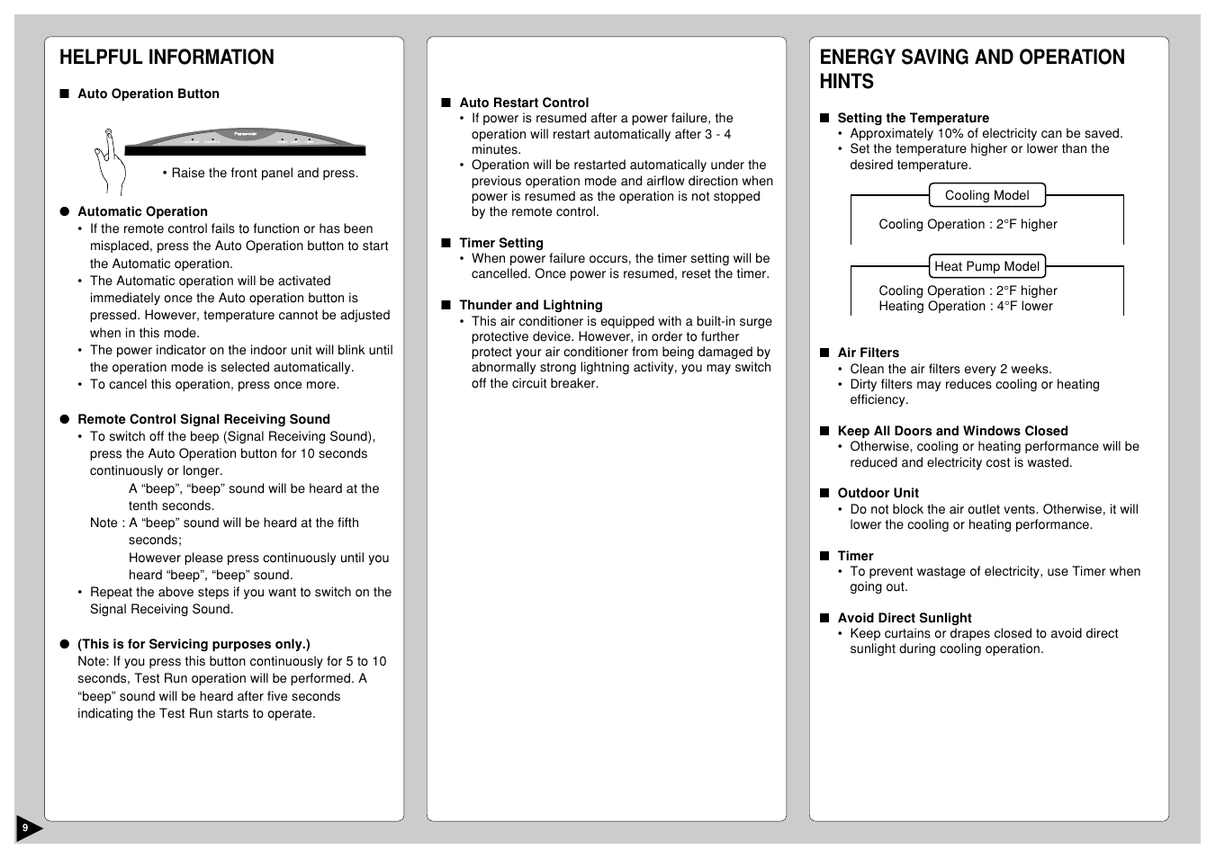 Helpful information, Energy saving and operation hints | Panasonic CS-A12CKPG User Manual | Page 10 / 24