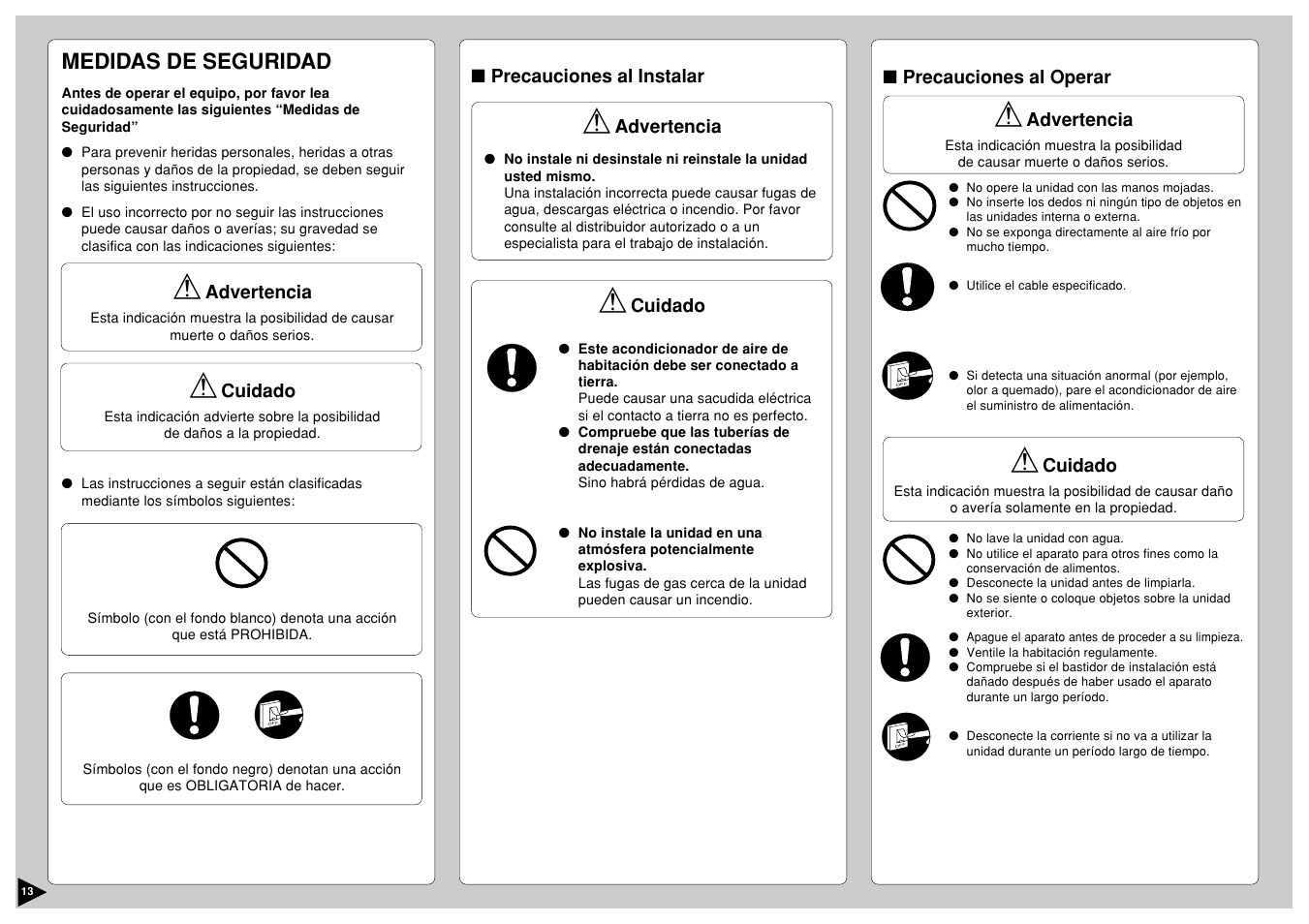 Medidas de seguridad | Panasonic CS-A12CKPG User Manual | Page 14 / 24