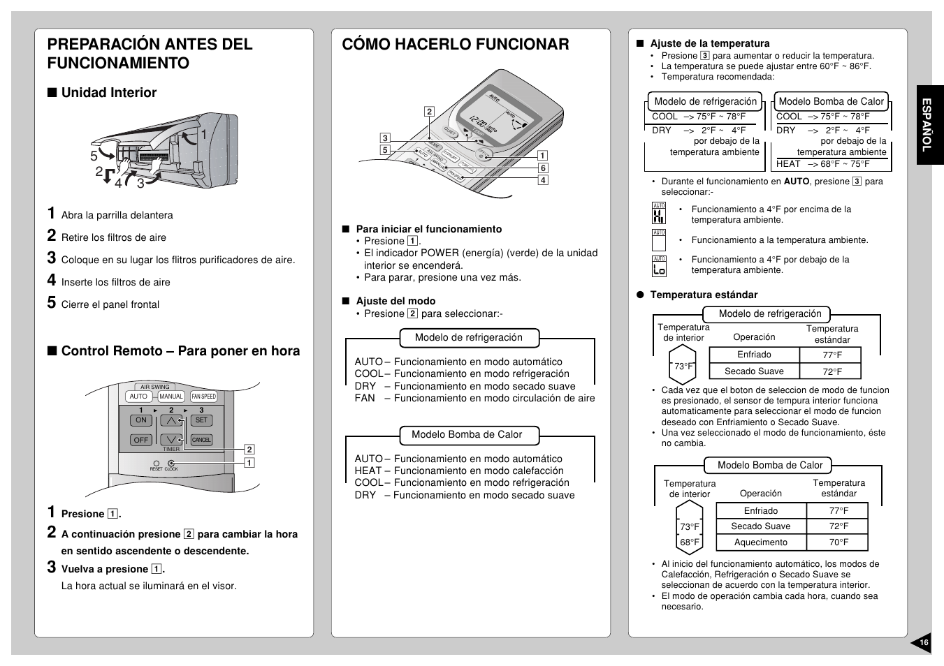 Prepacion antes del funcionamiento, Como hacerlo funcionar, Preparación antes del funcionamiento | Cómo hacerlo funcionar, Unidad interior, Control remoto – para poner en hora | Panasonic CS-A12CKPG User Manual | Page 17 / 24