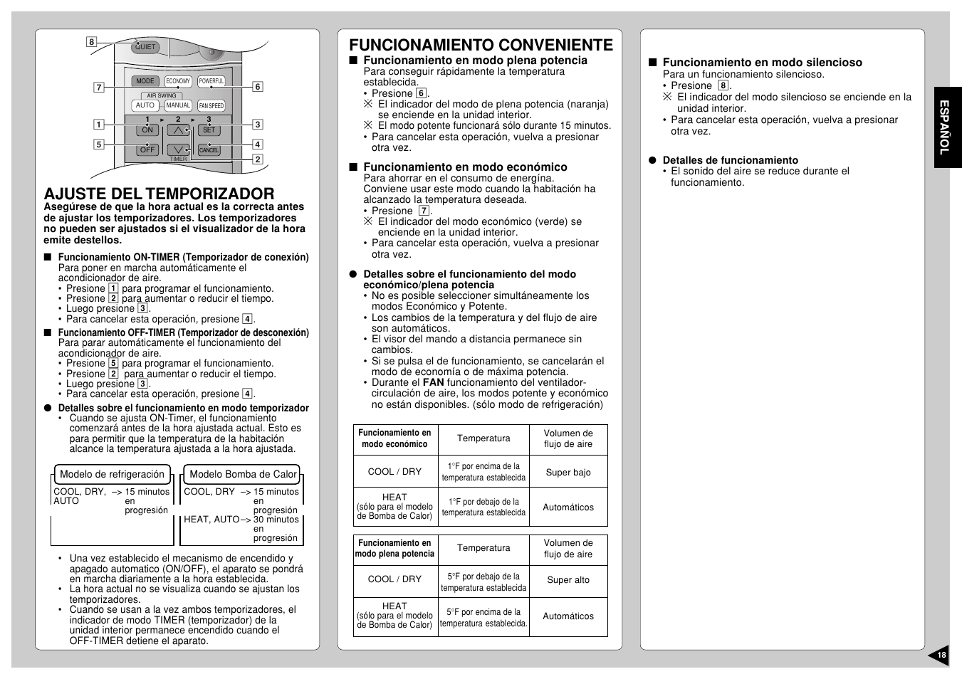 Ajuste del temporizador, Funcionamiento conveniente | Panasonic CS-A12CKPG User Manual | Page 19 / 24