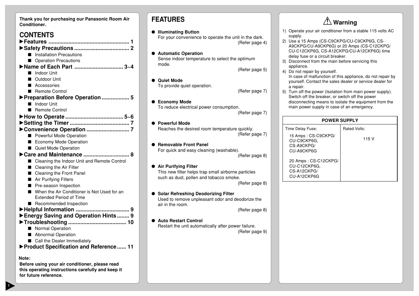 Panasonic CS-A12CKPG User Manual | Page 2 / 24