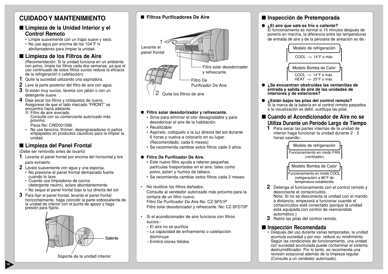 Cuidado y mantenimiento | Panasonic CS-A12CKPG User Manual | Page 20 / 24