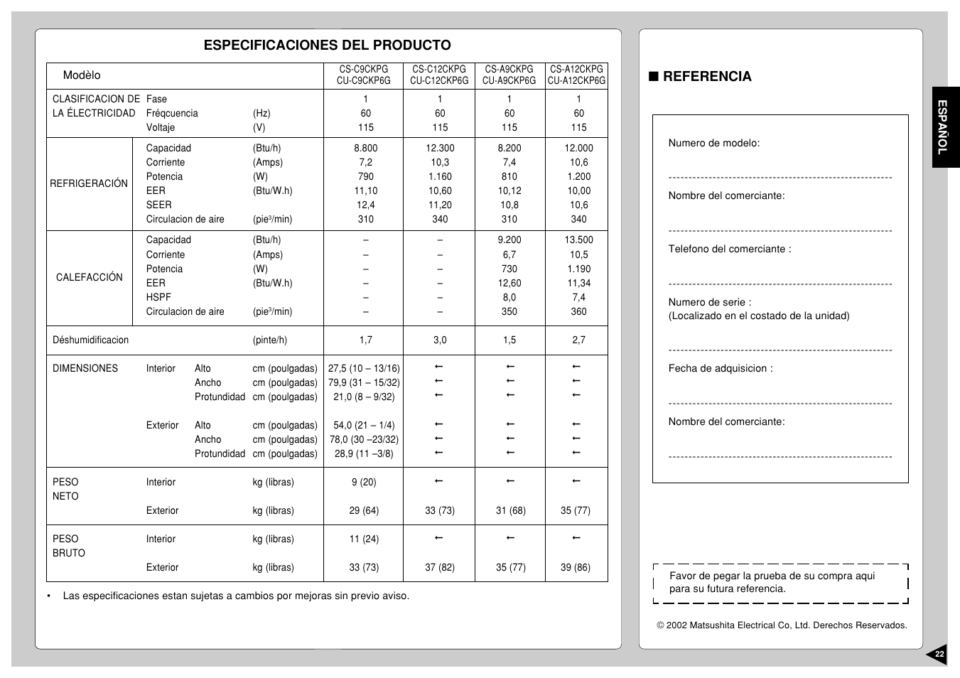 Especificaciones del producto | Panasonic CS-A12CKPG User Manual | Page 23 / 24
