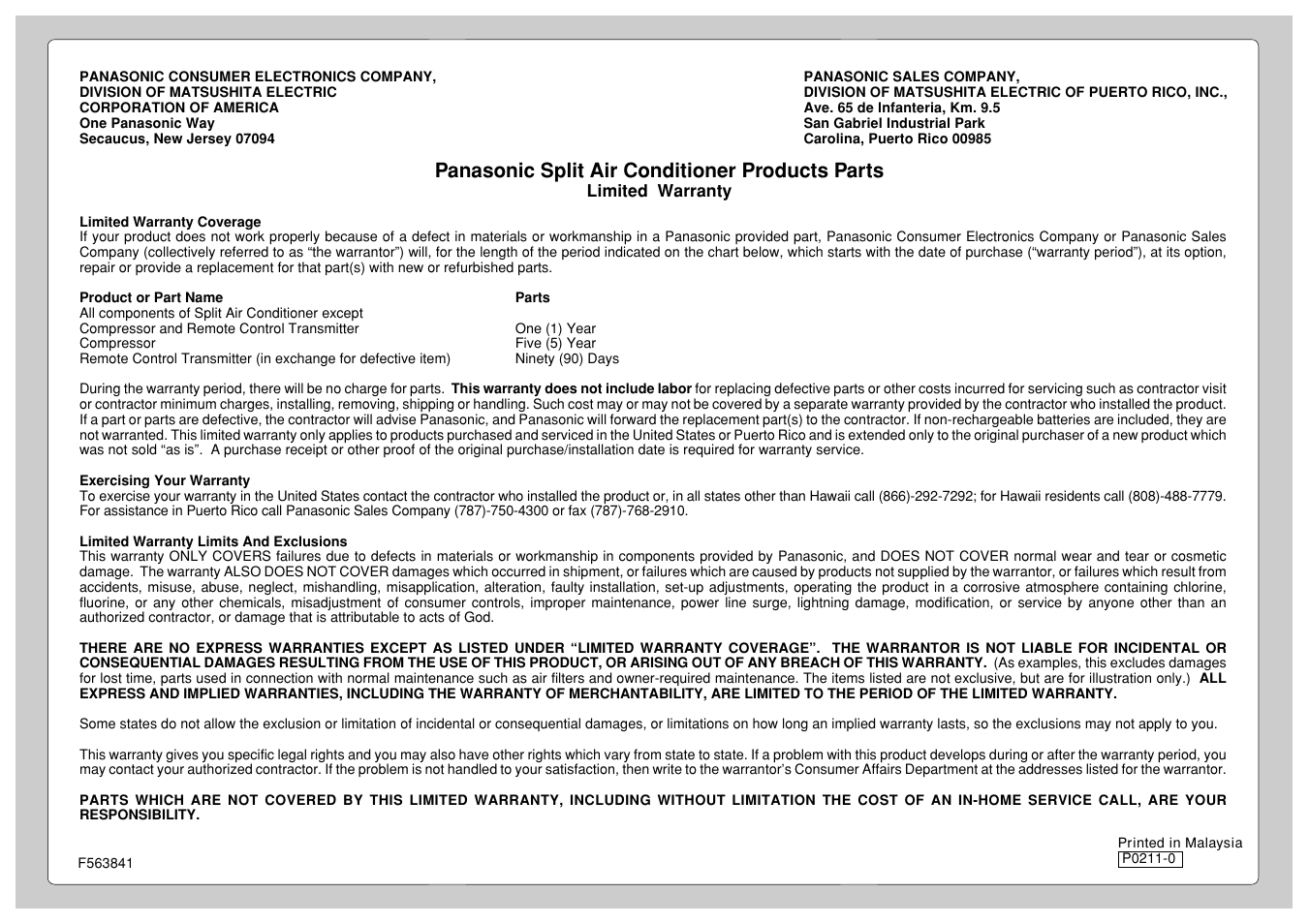 Panasonic split air conditioner products parts | Panasonic CS-A12CKPG User Manual | Page 24 / 24