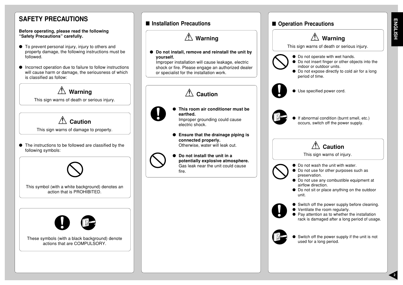 Safety precautions | Panasonic CS-A12CKPG User Manual | Page 3 / 24