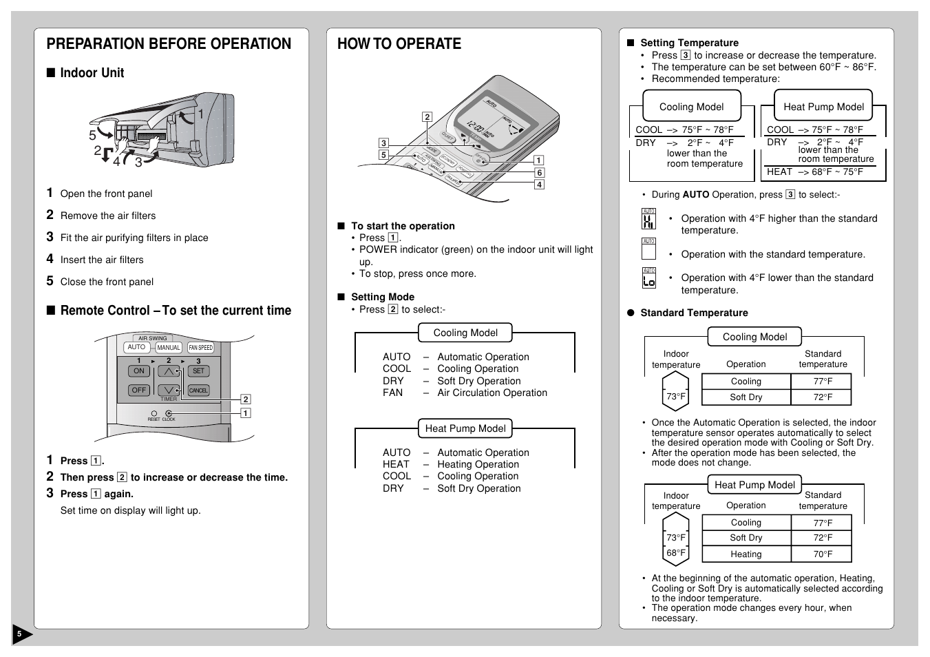 Preparation before operation, How to operate, Indoor unit 1 | Remote control – to set the current time 1 | Panasonic CS-A12CKPG User Manual | Page 6 / 24