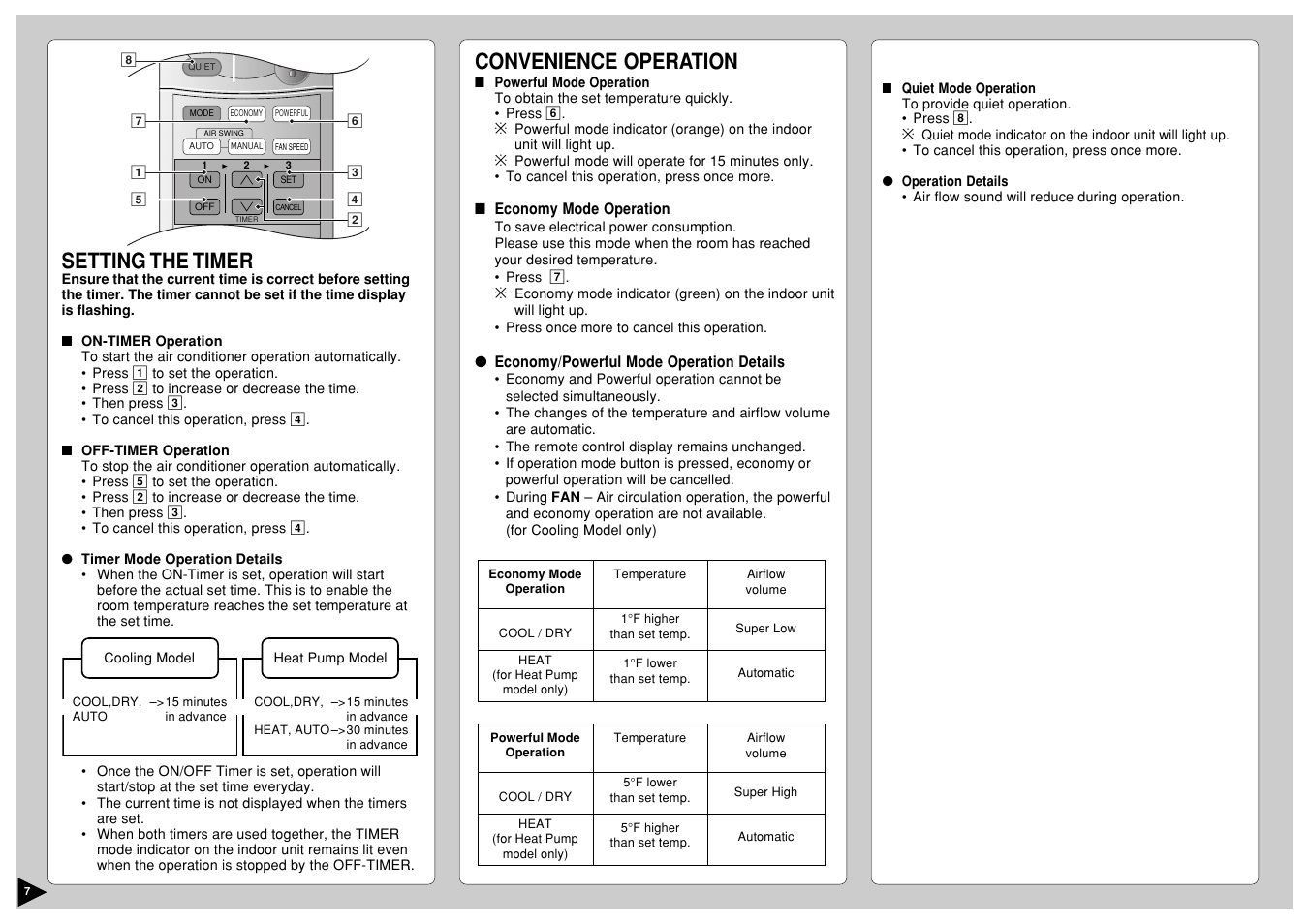 Setting the timer, Convenience operation | Panasonic CS-A12CKPG User Manual | Page 8 / 24