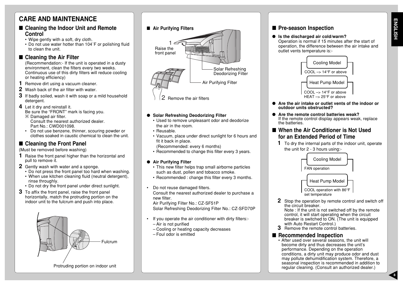 Care and maintenance | Panasonic CS-A12CKPG User Manual | Page 9 / 24