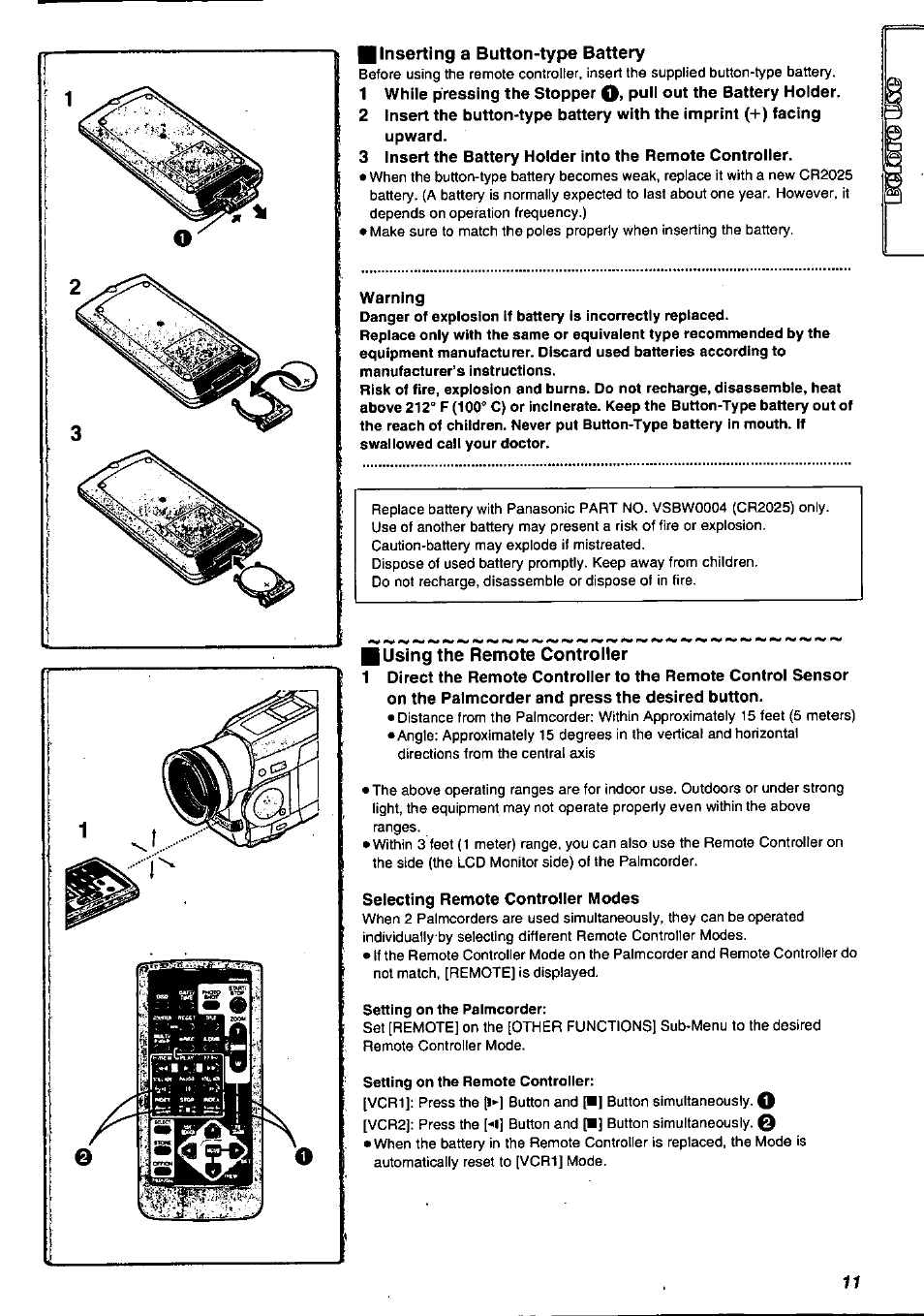 H inserting a button-type battery, Warning, Using the remote controller | Selecting remote controller modes | Panasonic PV-DV901 User Manual | Page 11 / 72