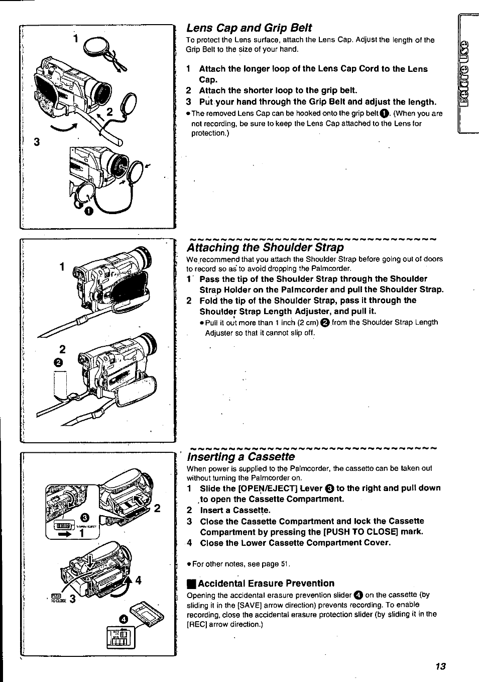 Lens cap and grip belt, Attaching the shoulder strap, Inserting a cassette | Accidental erasure prevention | Panasonic PV-DV901 User Manual | Page 13 / 72