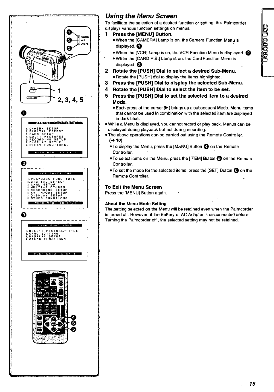 Using the menu screen, 1 press the [menu] button, To exit the menu screen | Panasonic PV-DV901 User Manual | Page 15 / 72