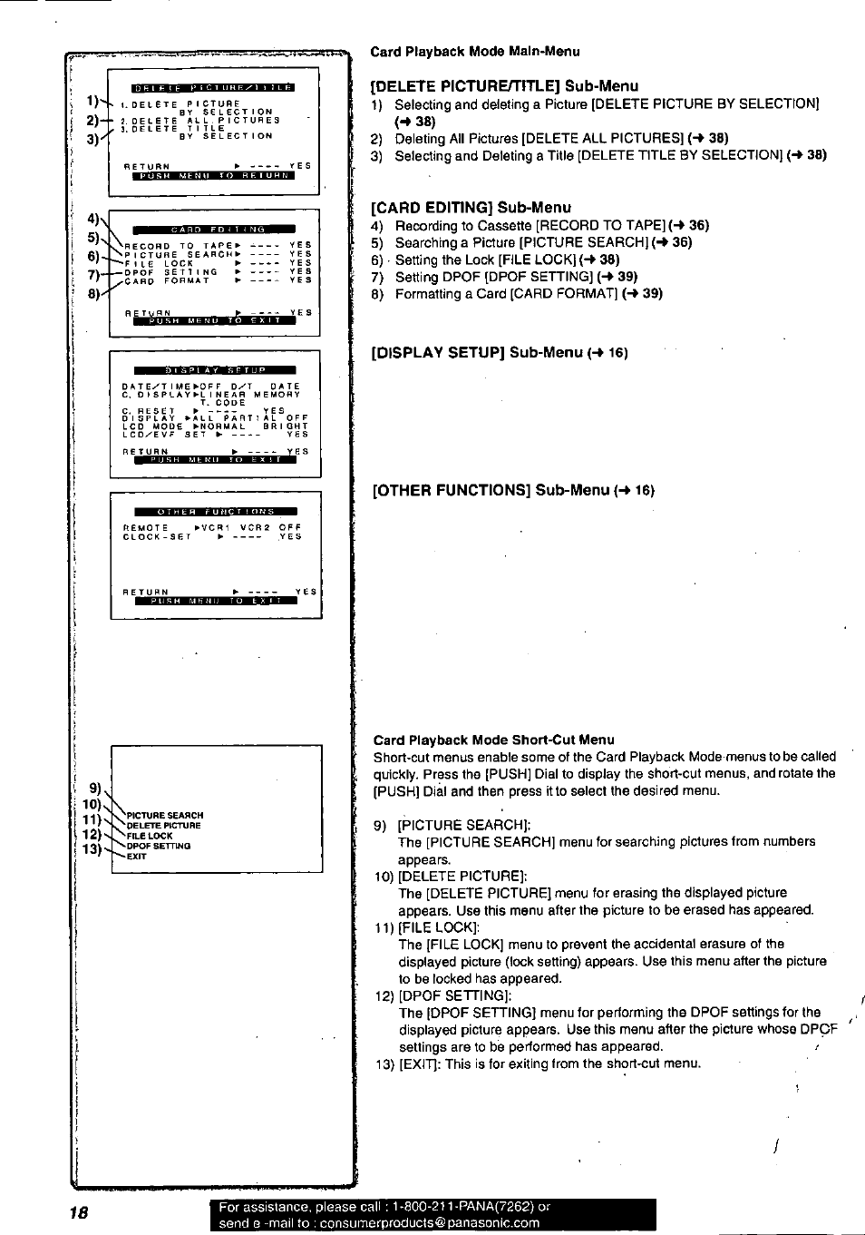 Card editing] sub-menu, Display setup] sub-menu h 16), Other functions] sub-menu h 16) | Panasonic PV-DV901 User Manual | Page 18 / 72