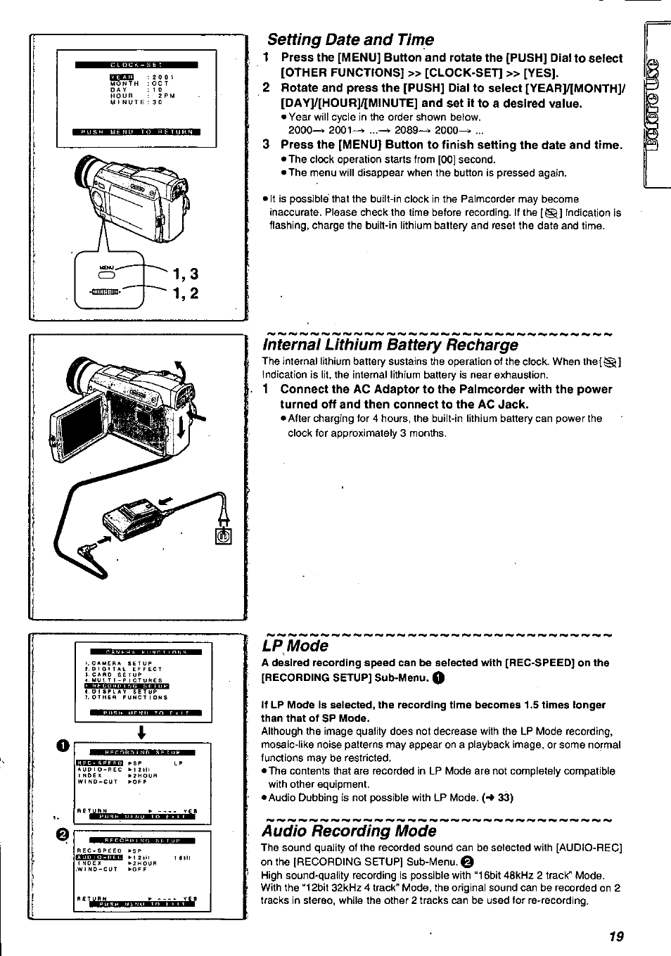 Setting date and time, Internai lithium battery recharge, Lp mode | Audio recording mode, Internal lithium battery recharge . lpmode | Panasonic PV-DV901 User Manual | Page 19 / 72
