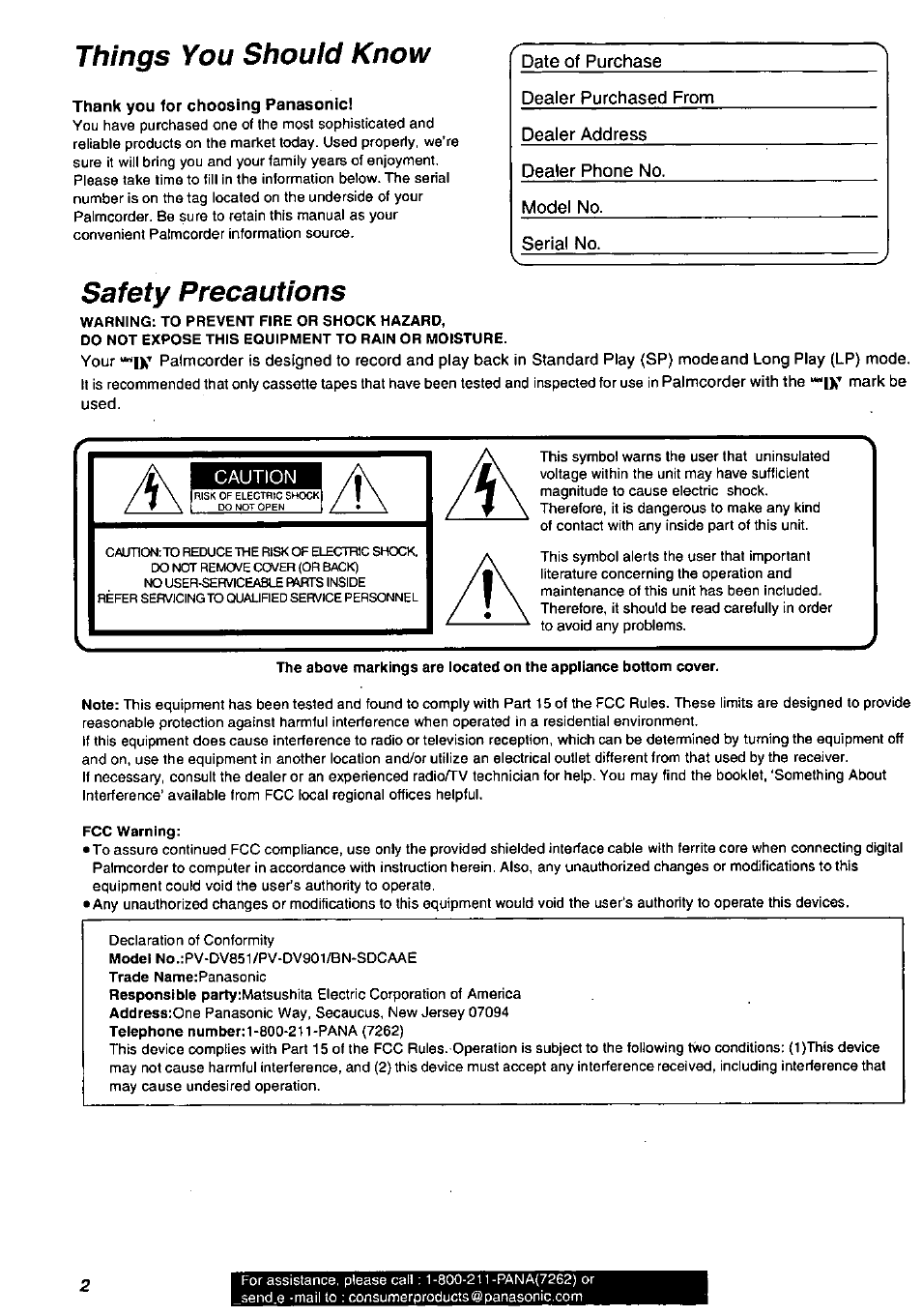 Thank you tor choosing panasonic, Caution, Things you should know | Safety precautions | Panasonic PV-DV901 User Manual | Page 2 / 72