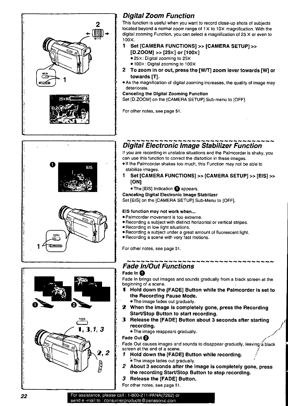 L digital zoom function, Digital electronic image stabilizer function, Fade in/out functions | Digital zoom function | Panasonic PV-DV901 User Manual | Page 22 / 72