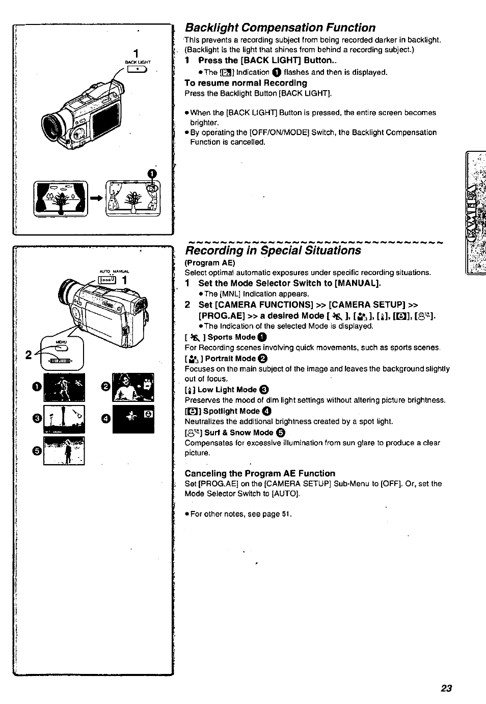 Backlight compensation function, 1 press the [back light] button, Recording in special situations | 1 set the mode selector switch to [manual, Canceling the program ae function | Panasonic PV-DV901 User Manual | Page 23 / 72