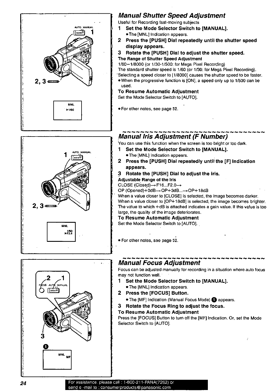 Manuaf shutter speed adjustment, 1 set the mode selector switch to [manual, Manuai iris adjustment (f number) | 3 rotate the [push] dial to adjust the iris, Manual focus adjustment, 2 press the [focus] button, 3 rotate the focus ring to adjust the focus | Panasonic PV-DV901 User Manual | Page 24 / 72
