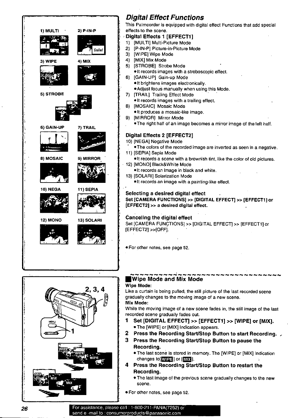 Digital effect functions, Digital effects 2 [effect2, Selecting a desired digital effect | Canceling the digital effect, Wipe mode and mix mode | Panasonic PV-DV901 User Manual | Page 26 / 72