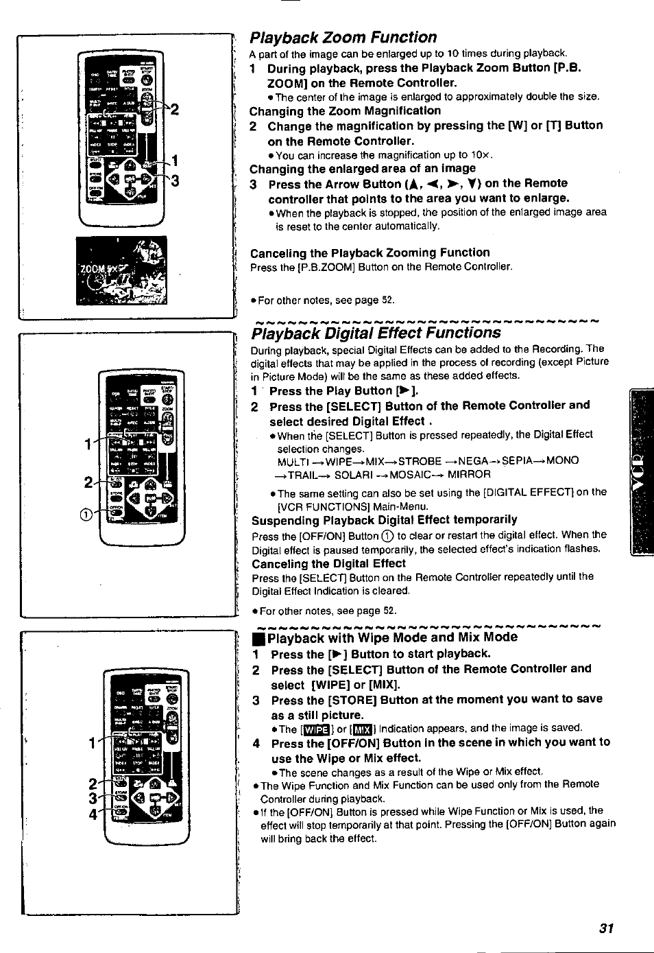 Playback zoom function, Playback digital effect functions, B playback with wipe mode and mix mode | Panasonic PV-DV901 User Manual | Page 31 / 72