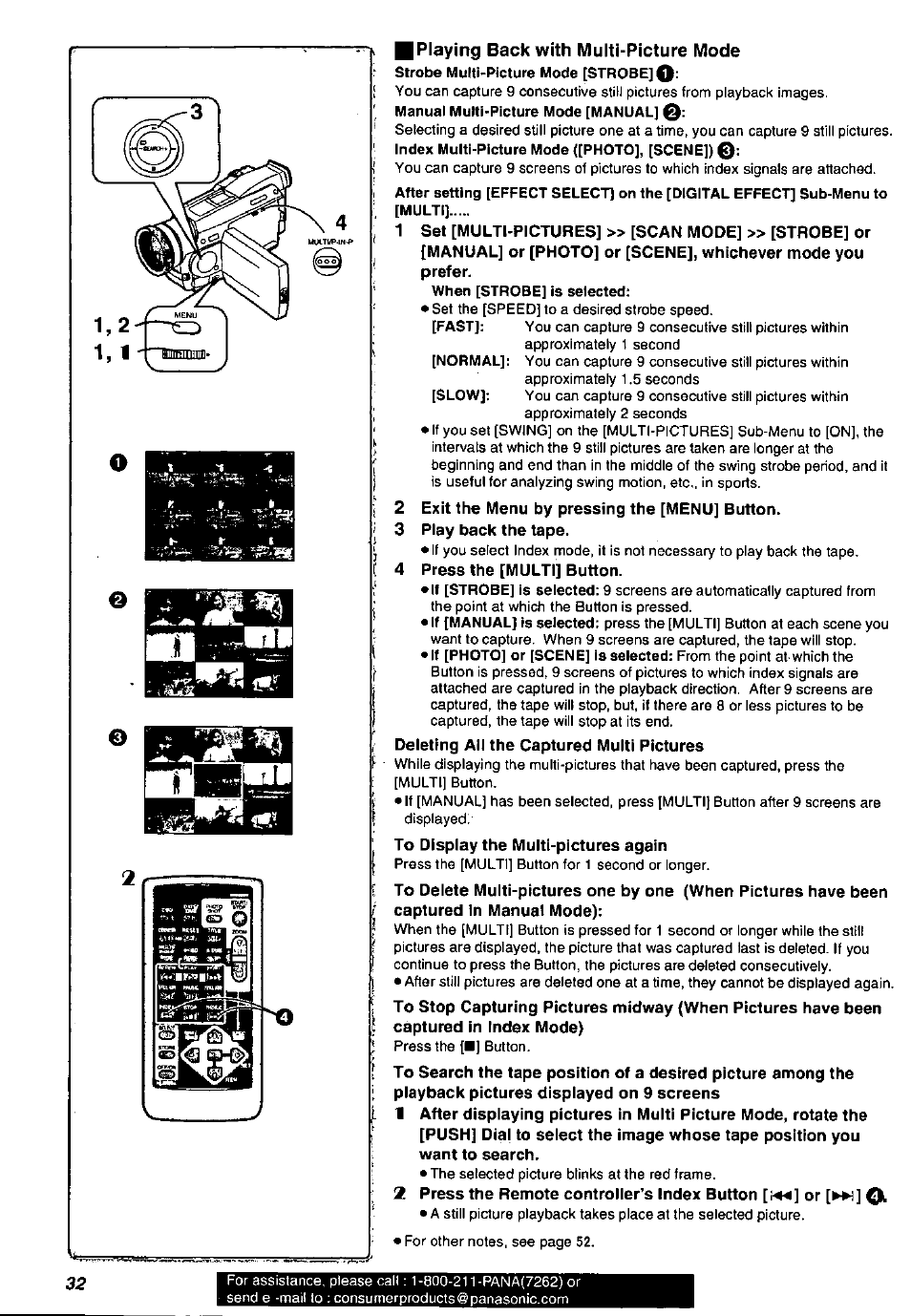 I playing back with multi-picture mode, 2 exit the menu by pressing the [menu] button, 3 play back the tape | 4 press the [multi] button | Panasonic PV-DV901 User Manual | Page 32 / 72