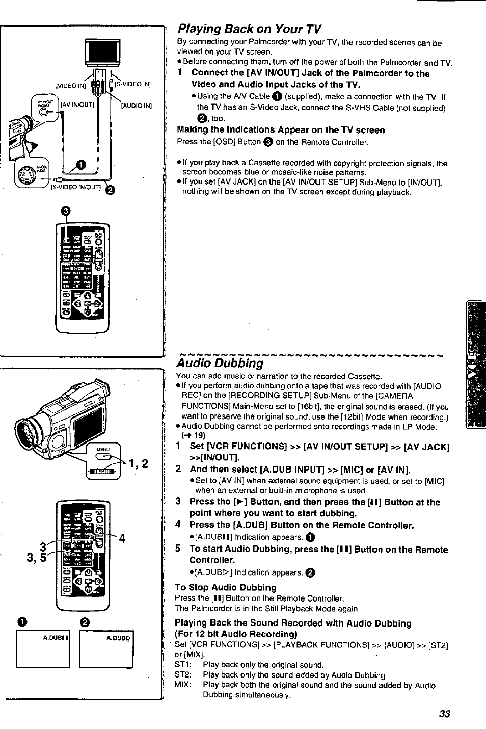 Playing back on your tv, Audio dubbing, 2 and then select [a.dub input] » [mic] or [av in | Panasonic PV-DV901 User Manual | Page 33 / 72