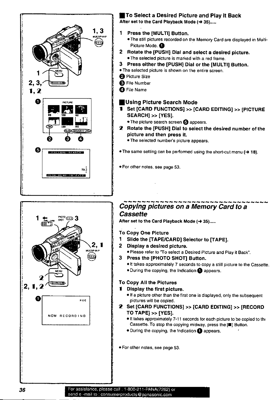 1 press the [multi] button, 1 using picture search mode, Copying pictures on a memory card to a cassette | To copy one picture, 1 slide the [tape/card] selector to [tape, 2 display a desired picture, 3 press the [photo shot] button, To copy all the pictures, 1 display the first picture | Panasonic PV-DV901 User Manual | Page 36 / 72