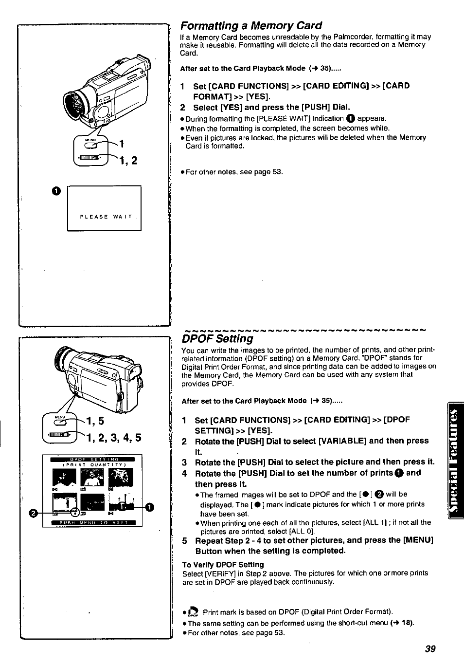 Formatting a memory card, Dpof setting, Formatting a memory card dpof setting | Panasonic PV-DV901 User Manual | Page 39 / 72