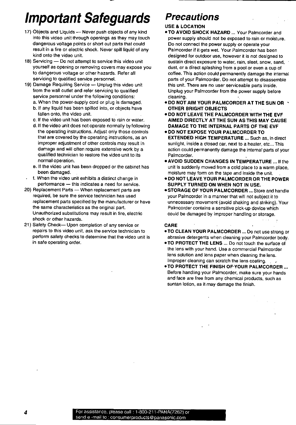 Important safeguards, Precautions | Panasonic PV-DV901 User Manual | Page 4 / 72