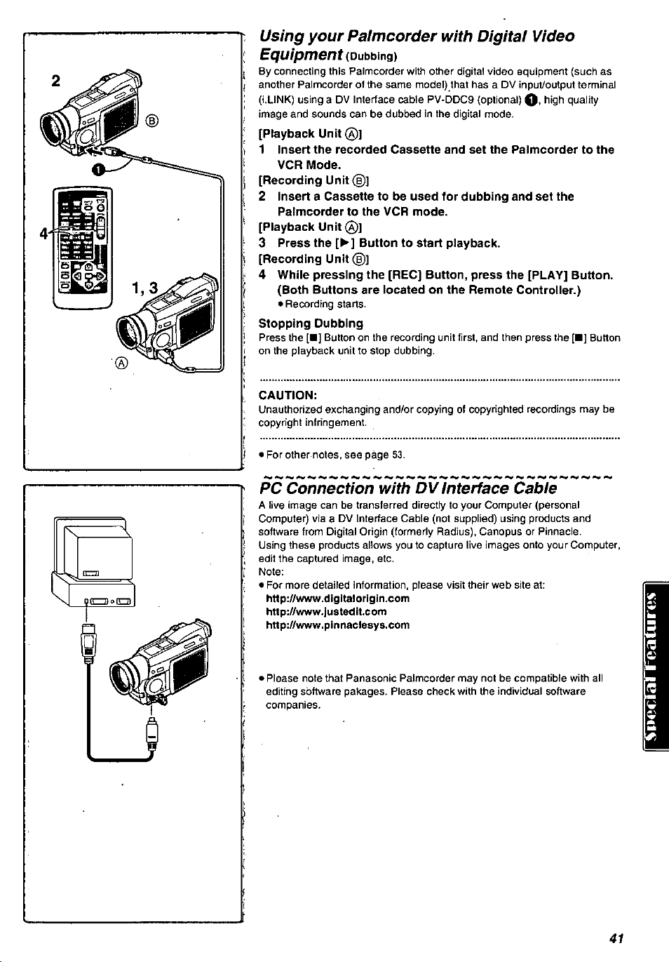 3 press the [^] button to start playback, Caution, Pc connection with dv interface cable | Using your paimcorder with digitai video equipment | Panasonic PV-DV901 User Manual | Page 41 / 72