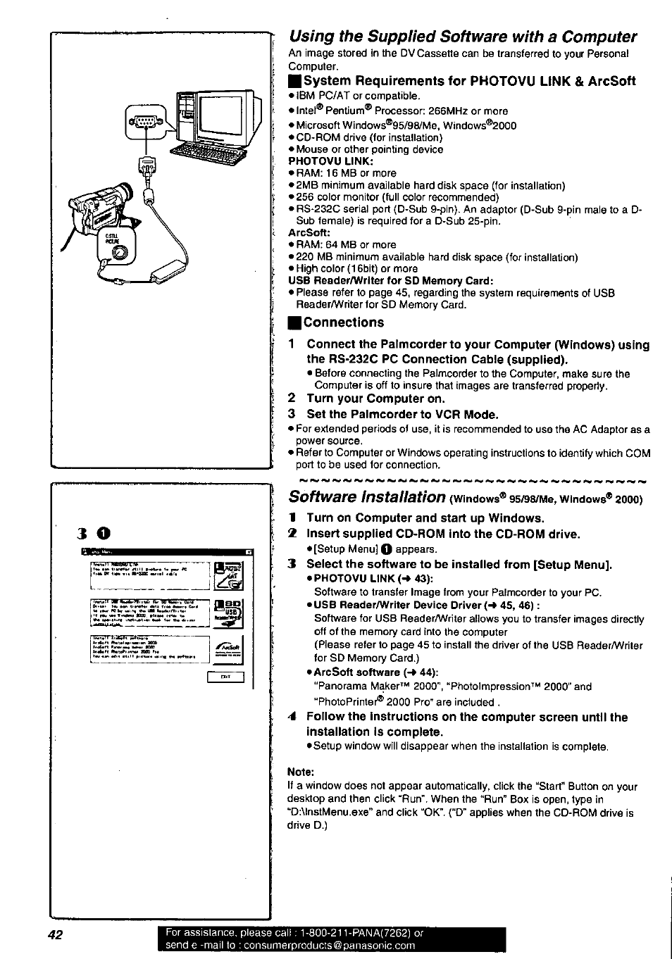 Using the supplied software with a computer, Isystem requirements for photovu link & arcsoft, Connections | 2 turn your computer on, 3 set the palmcorder to vcr mode, 1 turn on computer and start up windows, 2 insert supplied cd-rom into the cd-rom drive, Software installation | Panasonic PV-DV901 User Manual | Page 42 / 72