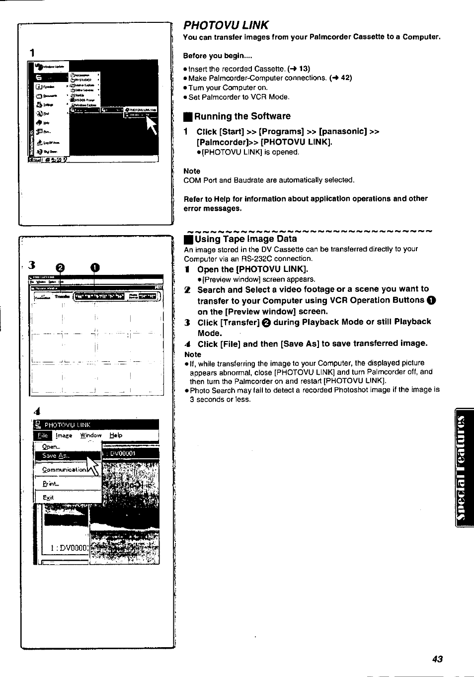 Photovu link, H running the software, I using tape image data | 1 open the [photovu link | Panasonic PV-DV901 User Manual | Page 43 / 72