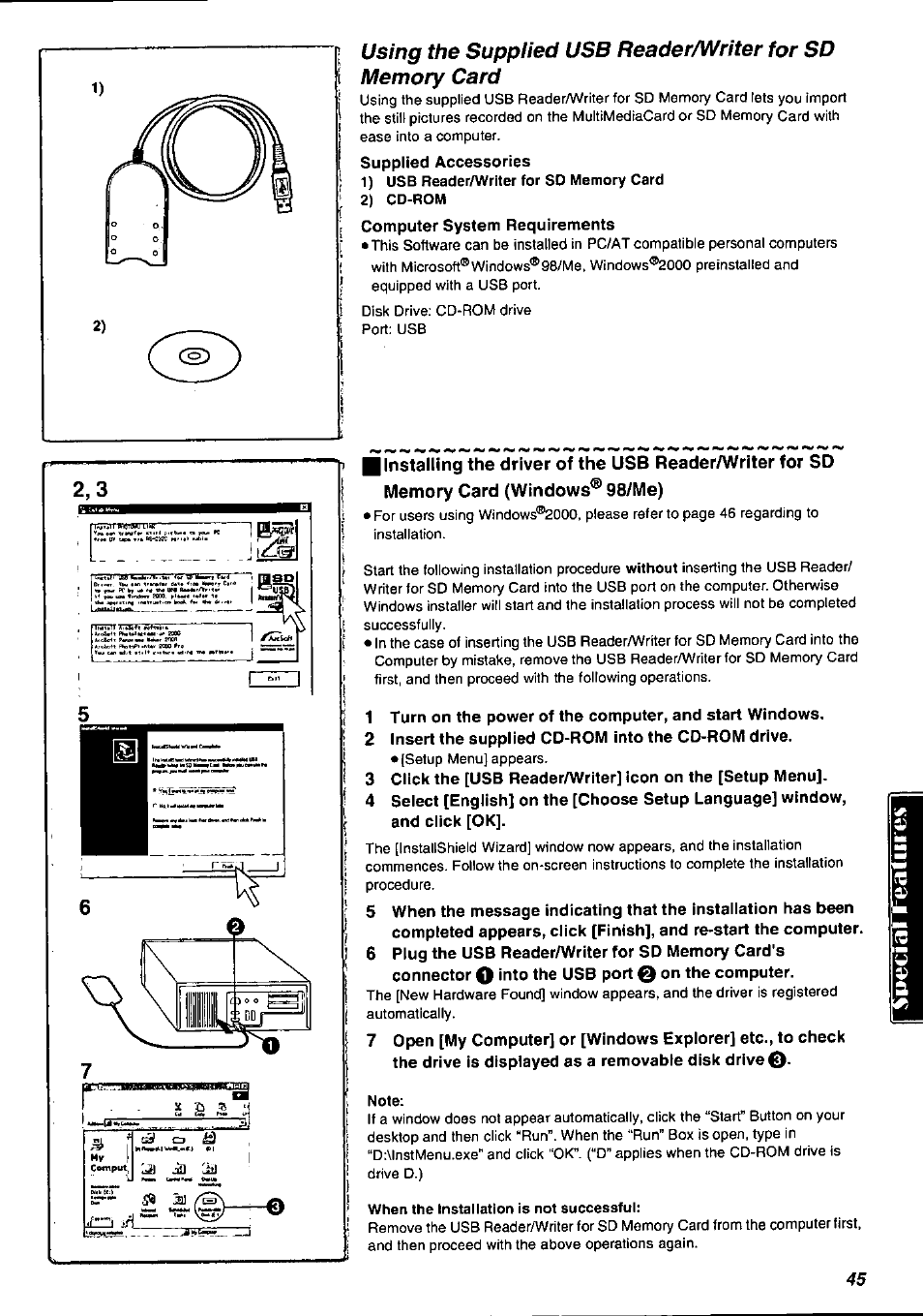 2 insert the supplied cd-rom into the co-rom drive, 6 plug the usb reader/writer for sd memory card's, Usb reader/writer for sd memory card | Panasonic PV-DV901 User Manual | Page 45 / 72