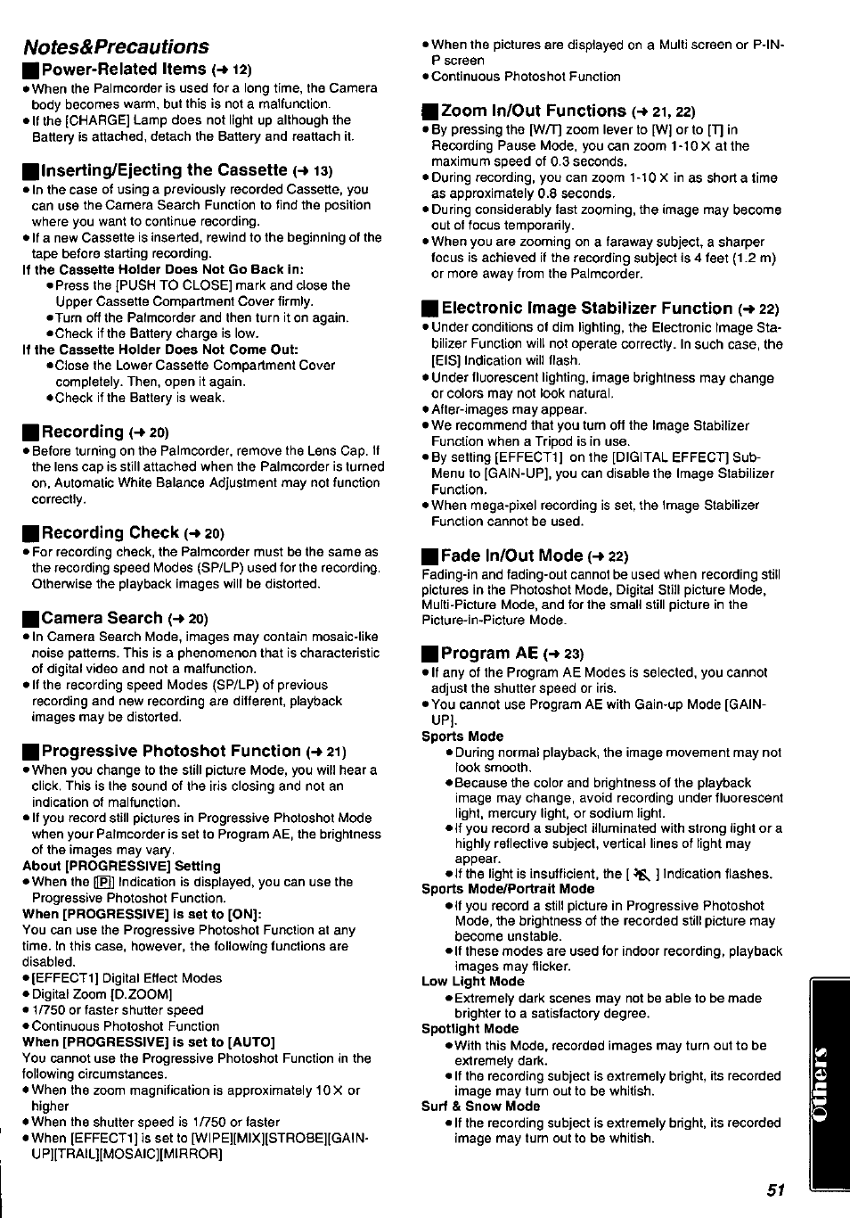 Notes&precautions, B power-related items (-»12), Blnserting/ejecting the cassette (-»13) | I recording h 20), H recording check (-»20), Camera search {-* 20), Progressive photoshot function (-» 21), Zoom in/out functions (-» 21,22), Electronic image stabilizer function (-»22), Fade in/out mode (-» 22) | Panasonic PV-DV901 User Manual | Page 51 / 72