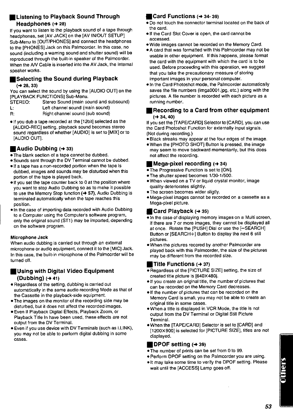 Selecting the sound during playback, Audio dubbing {-¥ 33), Card functions (-»34-39) | Recording to a card from other equipment, Mega-pixel recording (-» 34), Title functions (-» 37), Dpof setting (-» 39) | Panasonic PV-DV901 User Manual | Page 53 / 72