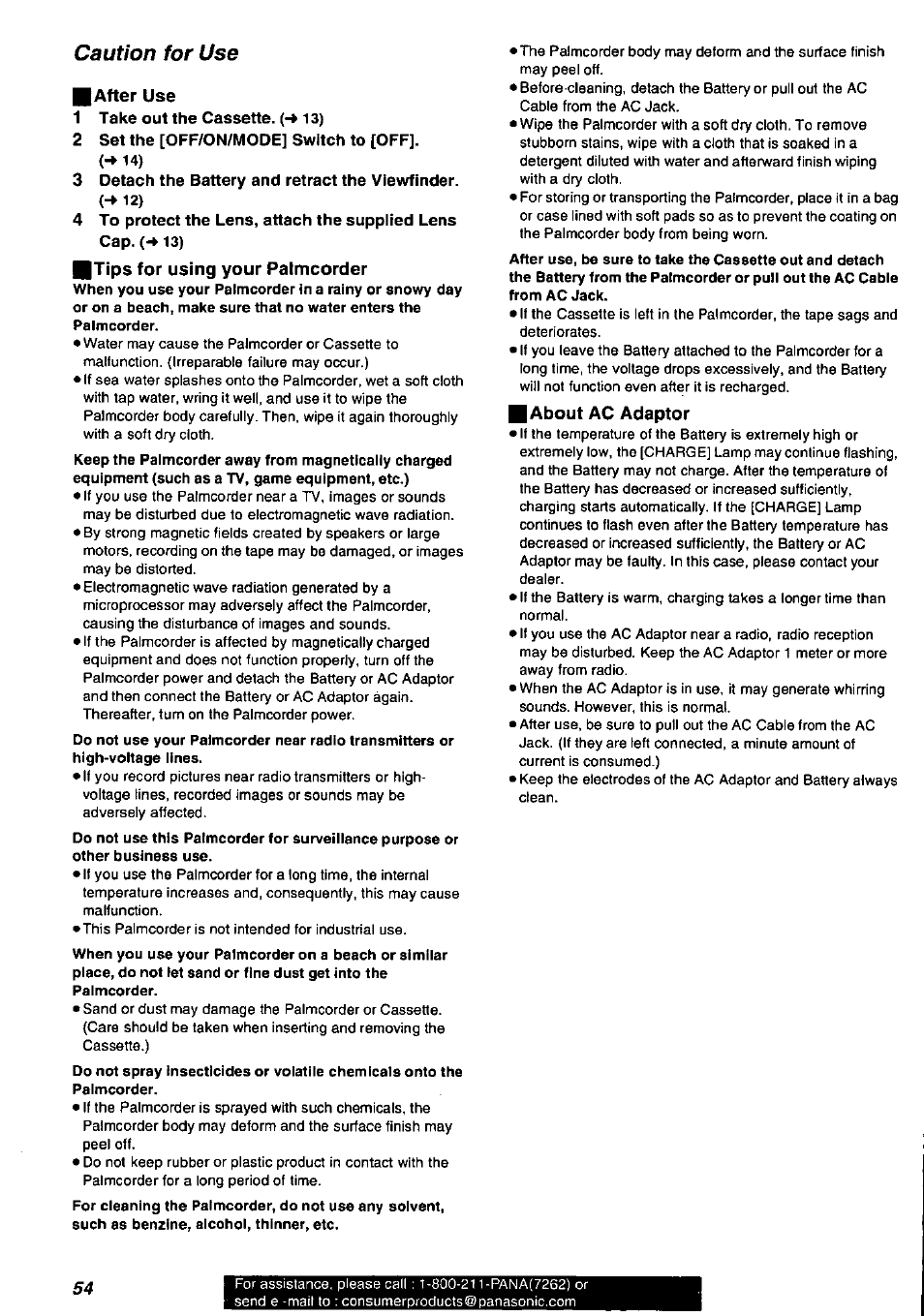 Caution for use, H after use, 1 take out the cassette. 13) | 2 set the [off/on/mode] switch to [off, Btips for using your palmcorder, About ac adaptor | Panasonic PV-DV901 User Manual | Page 54 / 72