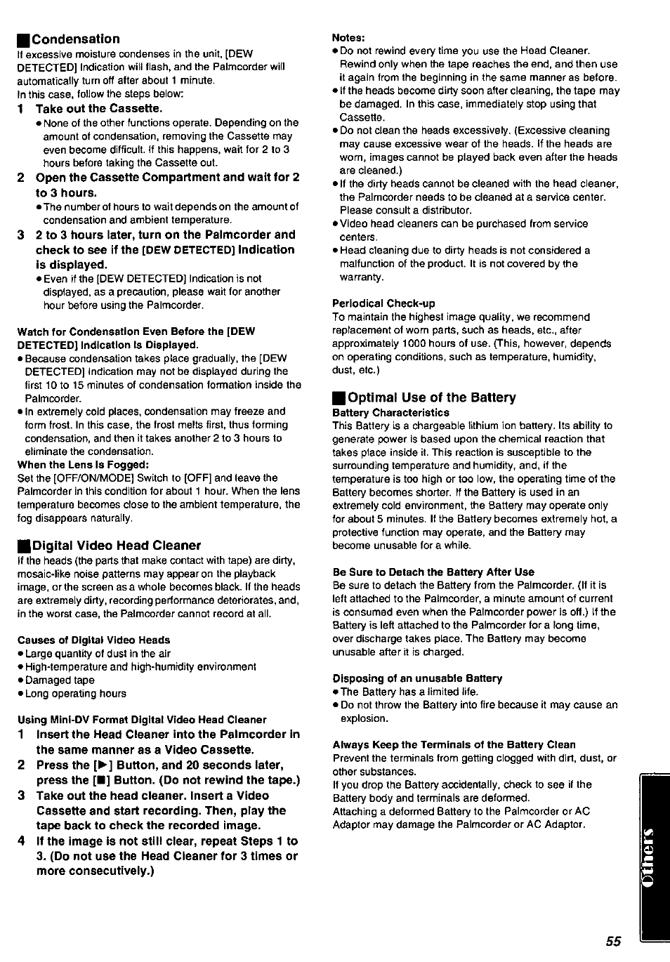 I condensation, 1 take out the cassette, H digital video head cleaner | I optimal use of the battery | Panasonic PV-DV901 User Manual | Page 55 / 72