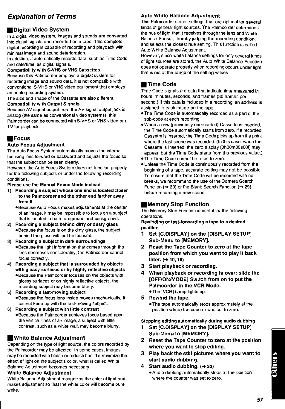 Explanation of terms, Digital video system, Bfocus | White balance adjustment, Auto white balance adjustment, Time code, Memory stop function, 3 start playback or recording, 5 rewind the tape, 4 start audio dubbing. (-> 33) | Panasonic PV-DV901 User Manual | Page 57 / 72