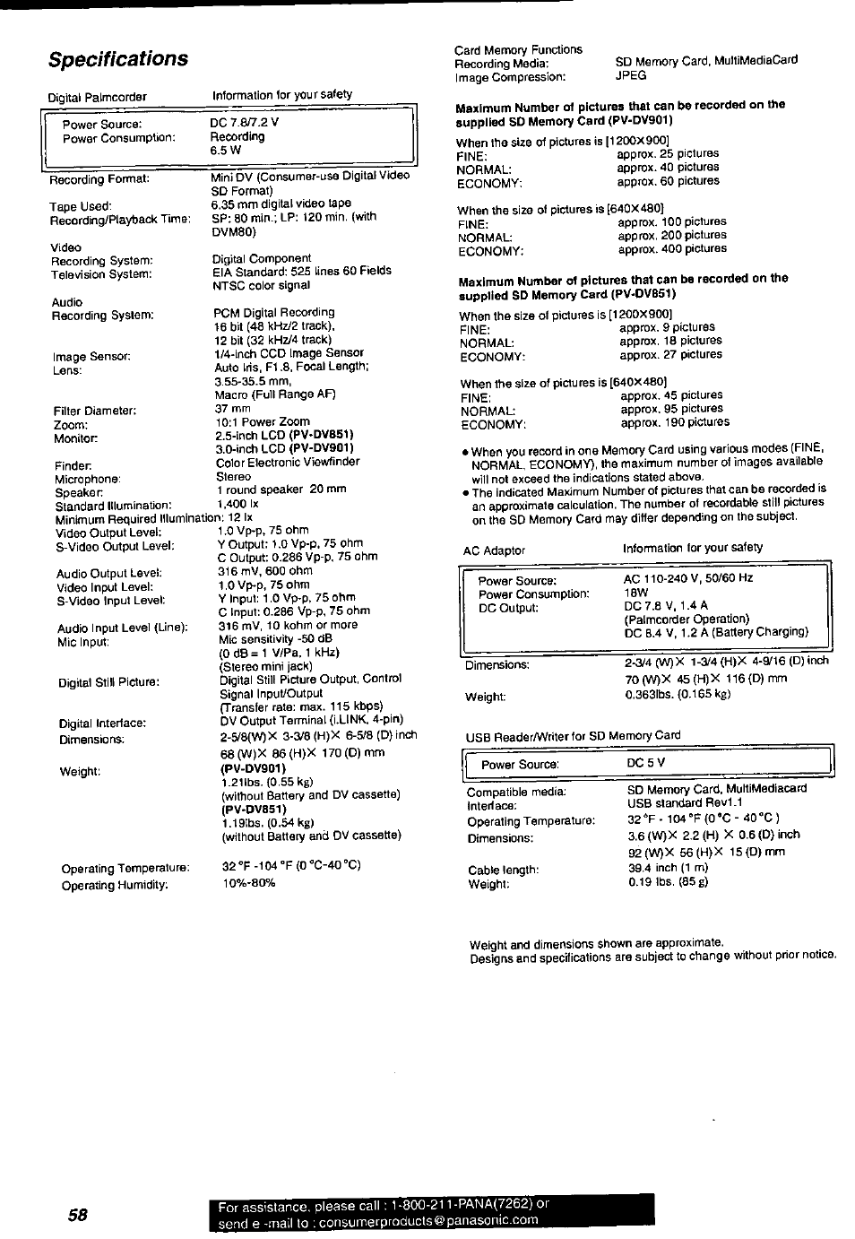 Specifications | Panasonic PV-DV901 User Manual | Page 58 / 72